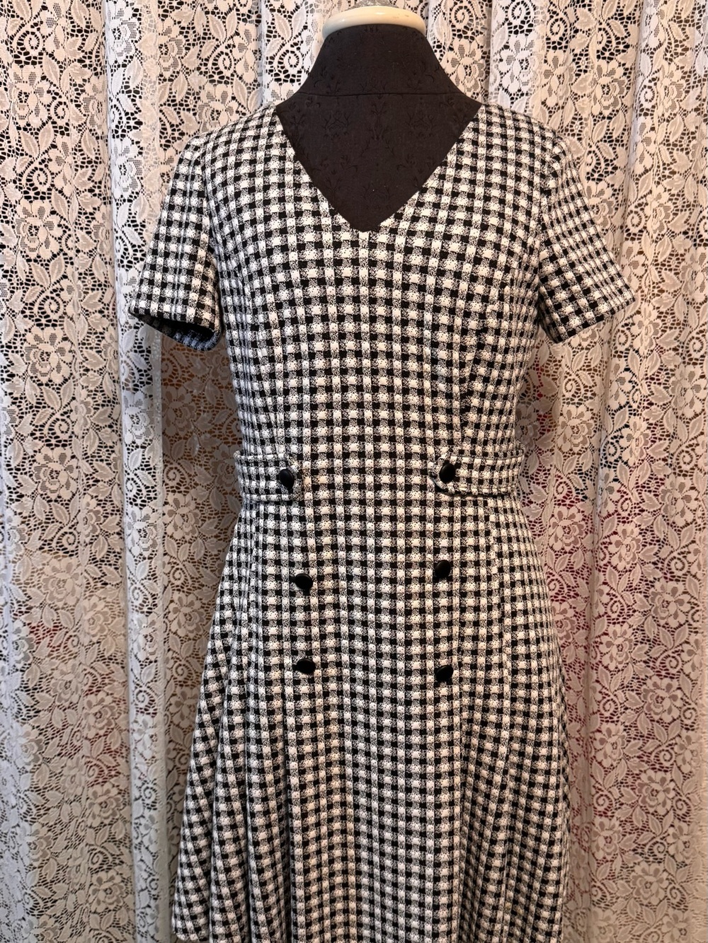 Dkny Black and White Gingham V-Neck Fit-and-Flare Dress Size 8